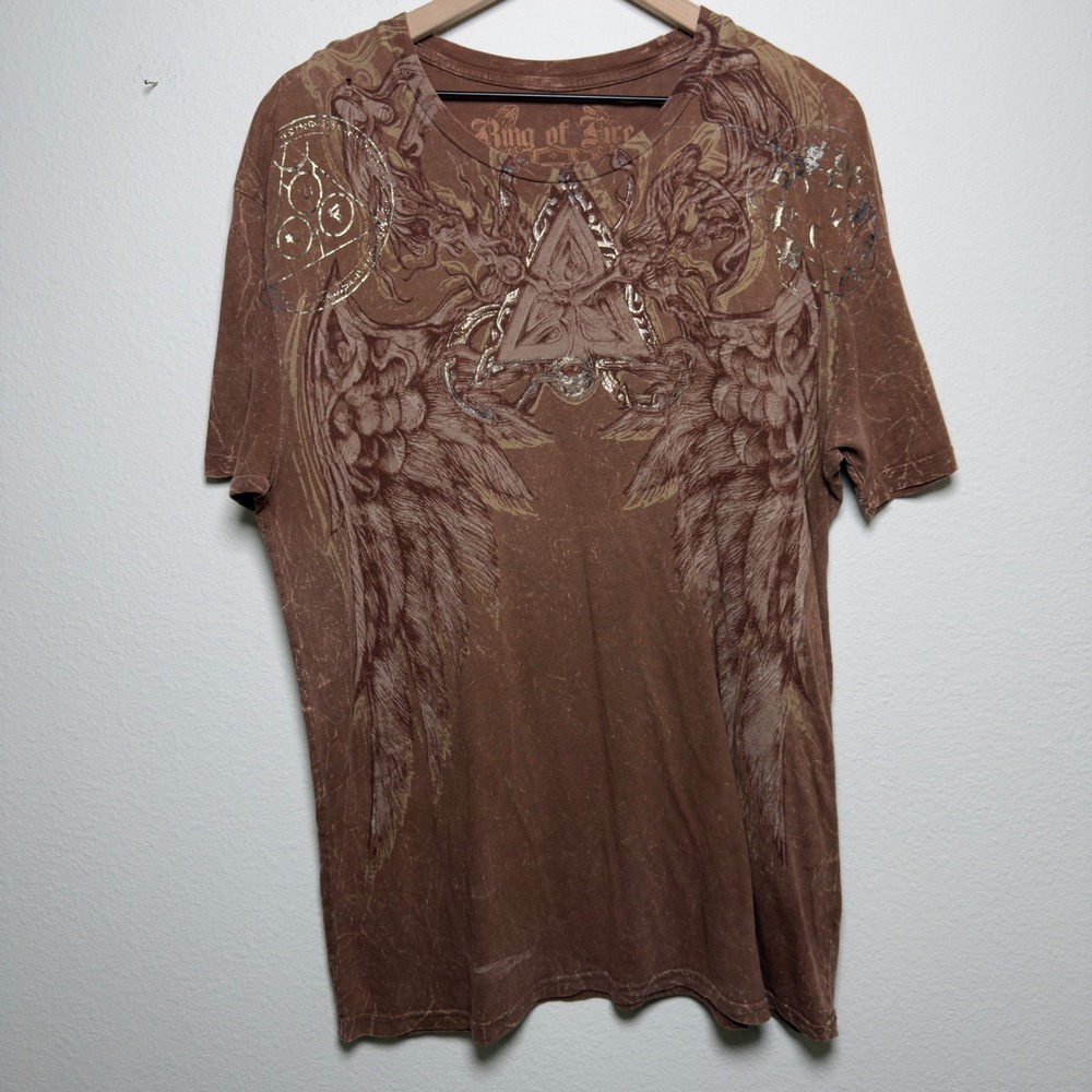 VTG Ring of Fire Men Cotton T-Shirt XL Brown Wing Graphic Acid Wash Distressed